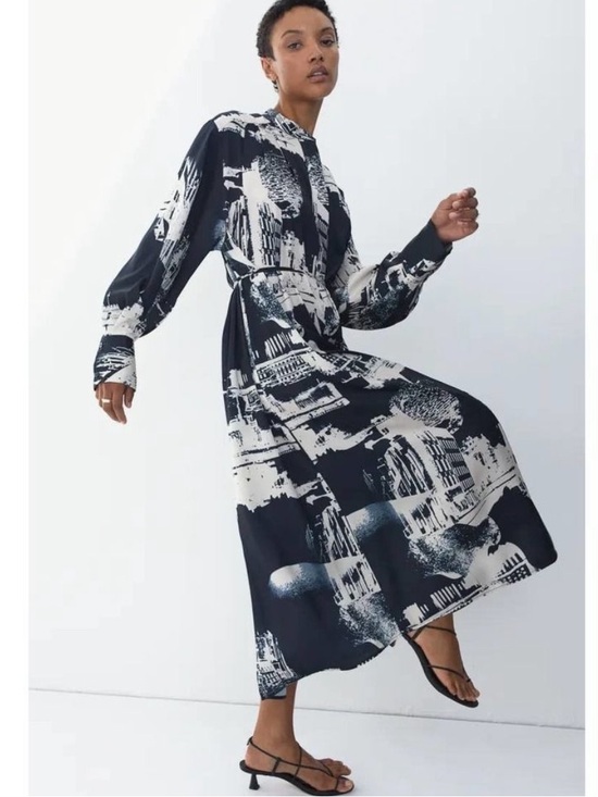 H&M Dresses & Skirts - NWT H&M Navy and White Satin Printed Belted Shirt Dress, sz. XL